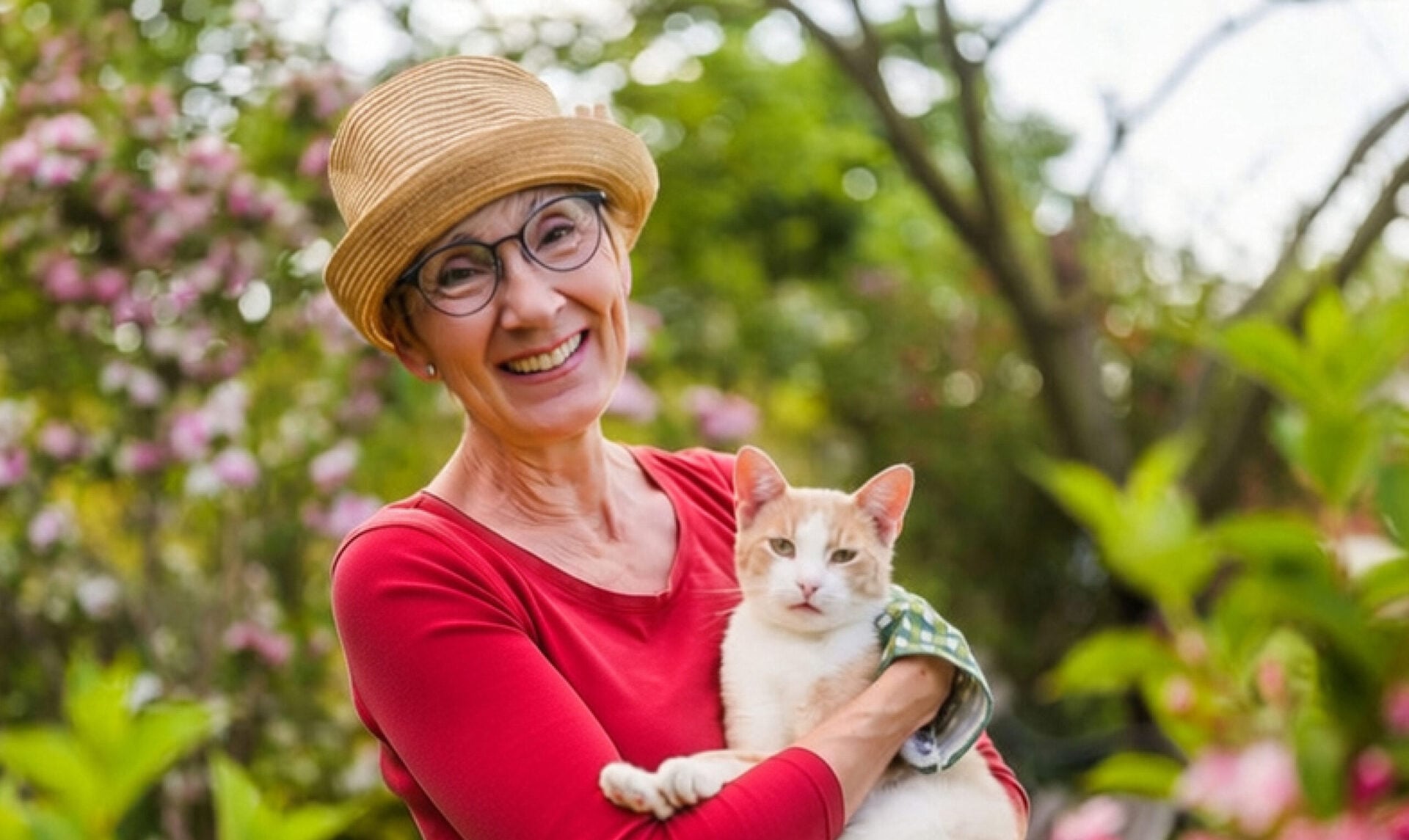 Decorative picture showing a woman holding her pet cat